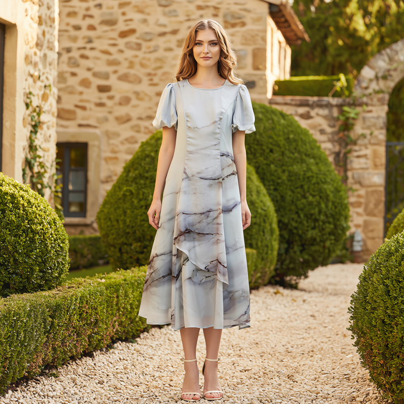 【Sacred】 Ink Wash Floral Tie-Waist Slim-Fit Round-Neck Dress, Genuine Product from Mall Brand Counter, Summer 26 Women's Collection