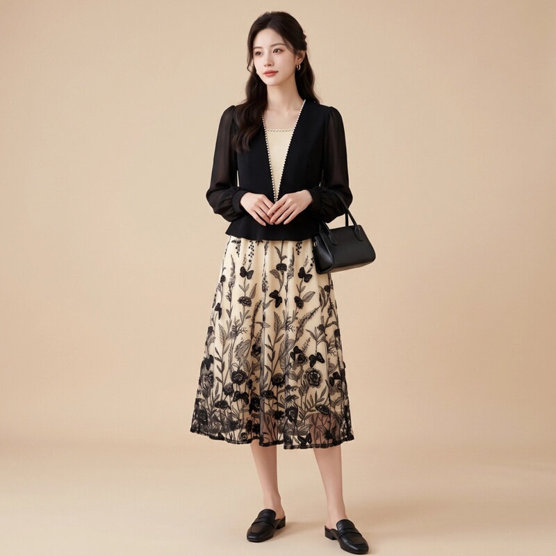 Counter 4887【Ke】Butterfly Floral Embroidery Beaded Rhinestone Embellished Dress Brand Clearance 26 Autumn Women's