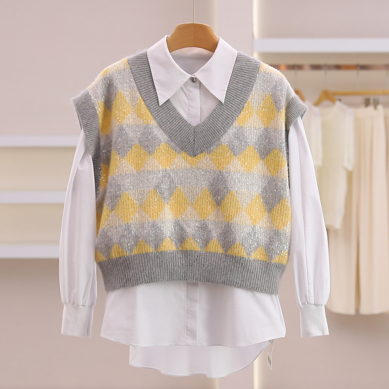 Counter 3980【Song】67.7% Sheep Wool Vest Loose Shirt Two-Piece Set Fangcaofenfei 26 Autumn Women's Counter 3980【Song】67.7% Sheep Wool Vest Loose Shirt Two-Piece Set Fangcaofenfei 26 Autumn Women's