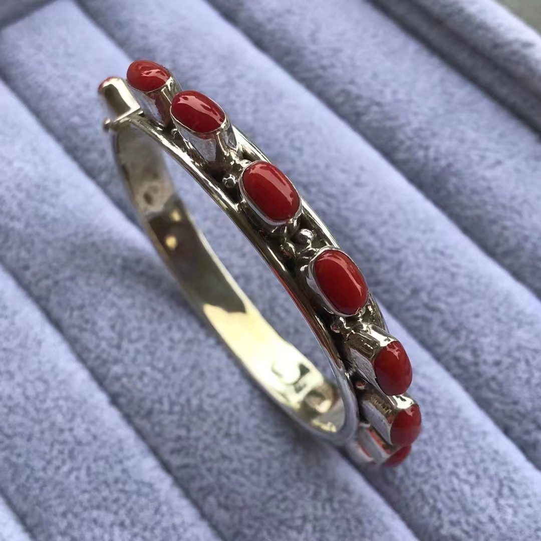 (soloni) Nepalese pure hand inlaid 925 silver natural gemstone retro bracelet