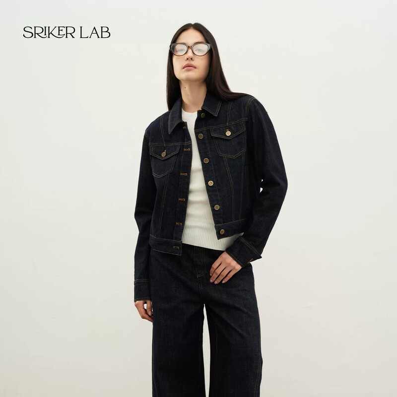 Srikerlab High-Quality Denim Lapel Jacket, Short Style, Deep Blue, Slim Fit, Vintage Coat
