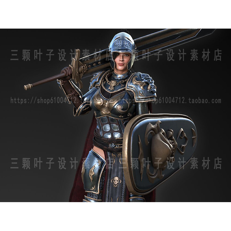 Daz Medieval Style Female Warrior Armor Set 3D Model Helmet Shoulder Armor Chest Armor Cloak Shield for Sale