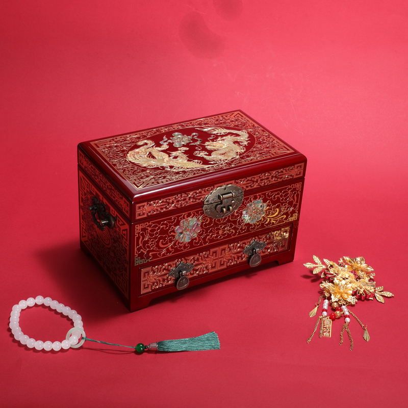 Pingyao Lacquerware Jewelry Box with Solid Wood, Copper Wire Inlay, Shell and Mother-Of-Pearl, Chinese Style, Three Gold Wedding Gift Dowry