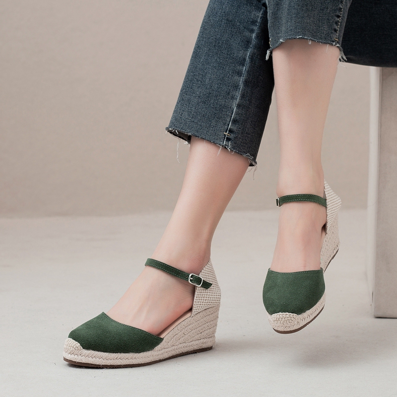Soludos Genuine American Spring/Summer New Style Straw Wedge Women's Lace-Up Sandals Korean Style Chunky Heel Closed-Toe Versatile Shoes