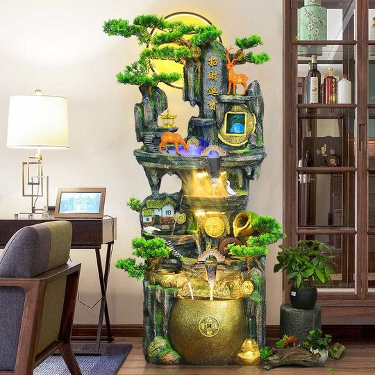 大型落地假山流水喷泉摆件客厅生财装饰加湿器风水轮高山循环水景
