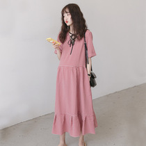 Pregnant women dress 2020 Summer new Korean version of loose cotton cotton belly cotton short sleeve pregnant knee long skirt