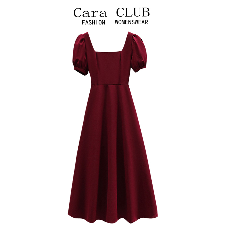 Cara Club Large Size French Retro Square Neck Short-Sleeved Dress Women's Summer Mid-Length Waist-Cinching Casual Skirt
