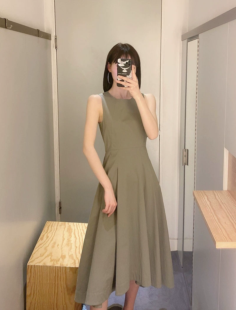 Tối giản cos gió kaki màu xanh lá cây thắt lưng xếp ly bông không tay phía trước ngắn và sau chiều dài 21 mùa hè mới váy màu xanh lá cây xám của phụ nữ - Sản phẩm HOT