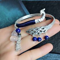 Sterling silver S999 bracelet retro lucky Peacock foot silver bracelet handmade creative woven tassel opening