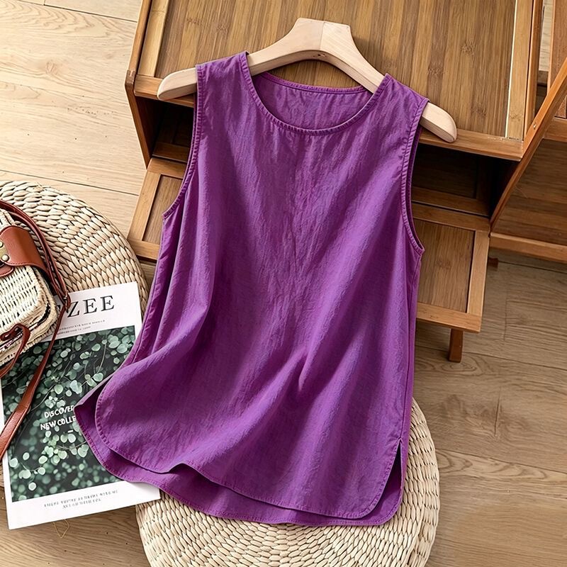 Plus-Size Camisole for Women, 2026 New Style, Round Neck, Solid Color, Cotton and Linen, Summer, Artistic, Slimming, Sleeveless Base Shirt Plus-Size Camisole for Women, 2026 New Style, Round Neck, Solid Color, Cotton and Linen, Summer, Artistic, Slimming, Sleeveless Base Shirt