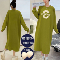 Womens long pajamas with breast pads spring and autumn loose large size plus velvet thickened pajamas for women autumn and winter long sleeves 2023 new style