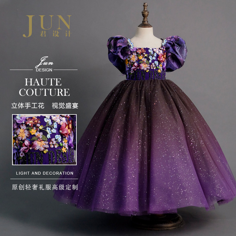 Jun design girls high-end evening dress Foreign air puff sleeve puff yarn piano girl catwalk children princess dress