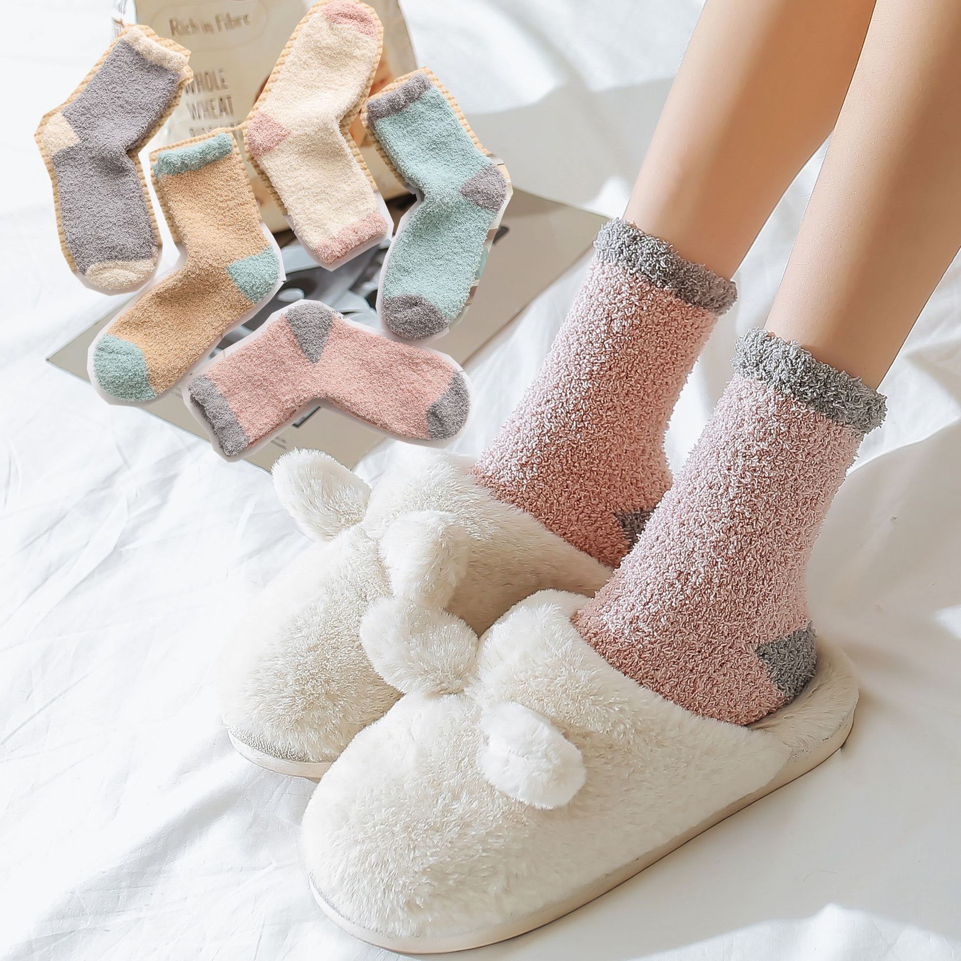 Coral Suede Warm Socks Lady Glint thickened Anti-cold middle cylinder Sox cute autumn and winter short socks floor Sox sleep socks