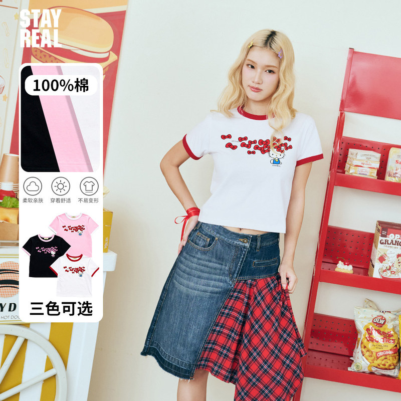 Stayreal Hello Kitty Collaboration Whimsical Cute Short-Sleeve T-Shirt for Women, Pure Cotton, Bm Style Girl Group Stayreal Hello Kitty Collaboration Whimsical Cute Short-Sleeve T-Shirt for Women, Pure Cotton, Bm Style Girl Group