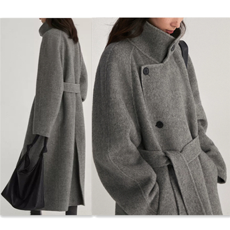 Stand Collar Double-Sided Wool Coat for Women, Mid-Length, 2025 Autumn and Winter New Style, Lazy Style with Tie, Lapel Woolen Coat