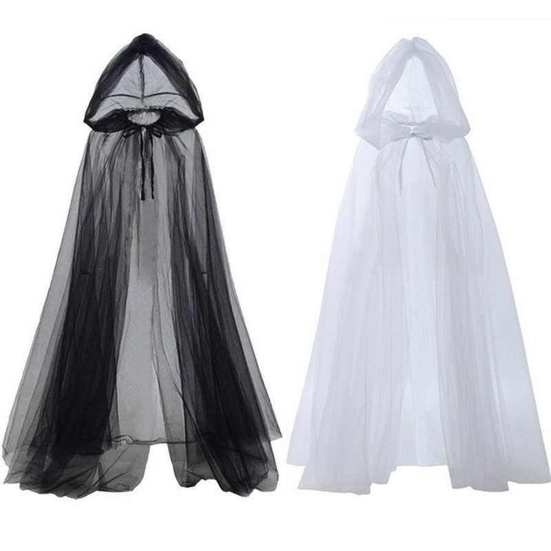 Black Mesh Cape Hooded Adult Halloween Costume Witch Bride White Masquerade Dress