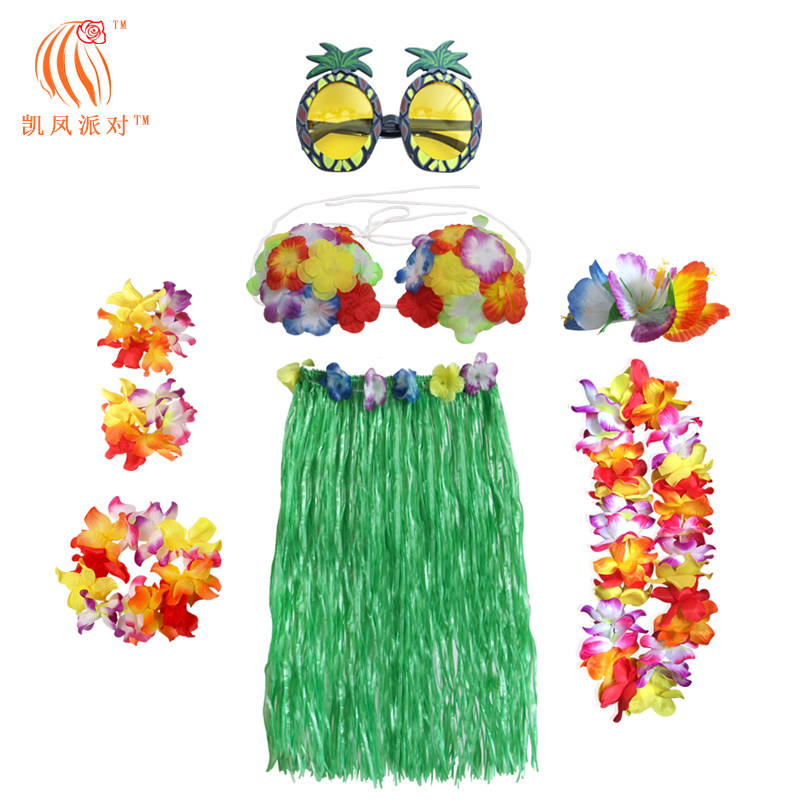 Factory direct sale 60 80CM grass skirt upgrade to increase garland pineapple glasses bra hibiscus flower hairpin 8 sets new