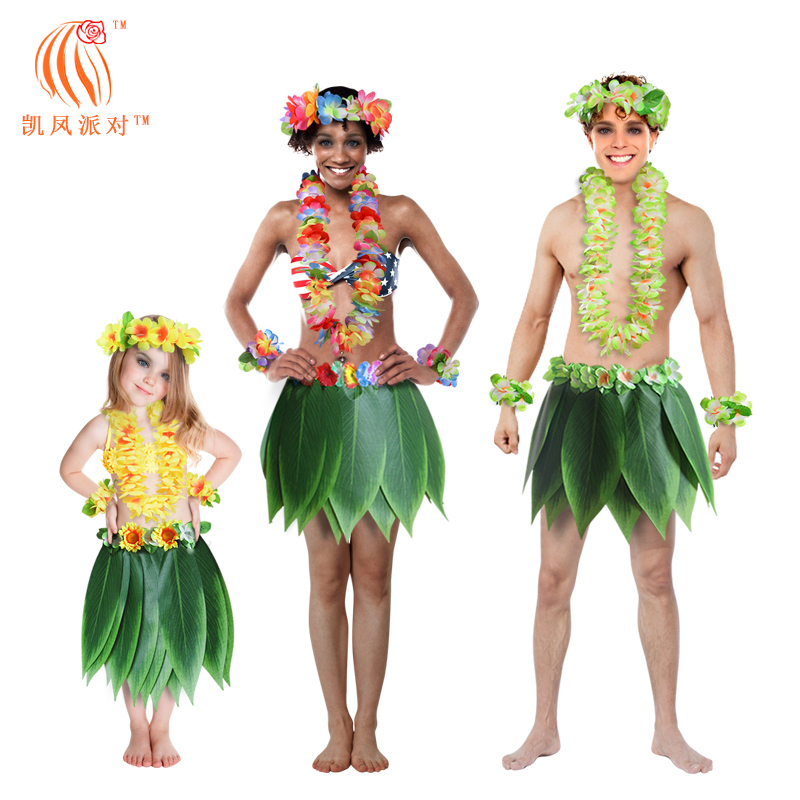 2019 New Adult Men's and Women's Leaf Skirt Encrypted Garland Set Children's Stage Performance Costume Five-Piece Set