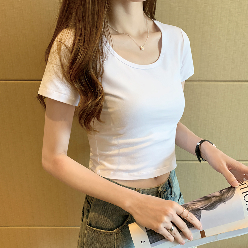 Short-Sleeved White T-Shirt for Women, Short Style, Cotton, Round Neck, High Waist, Exposed Navel, Korean Style, Slim Fit, 2026 Summer New Trendy Top