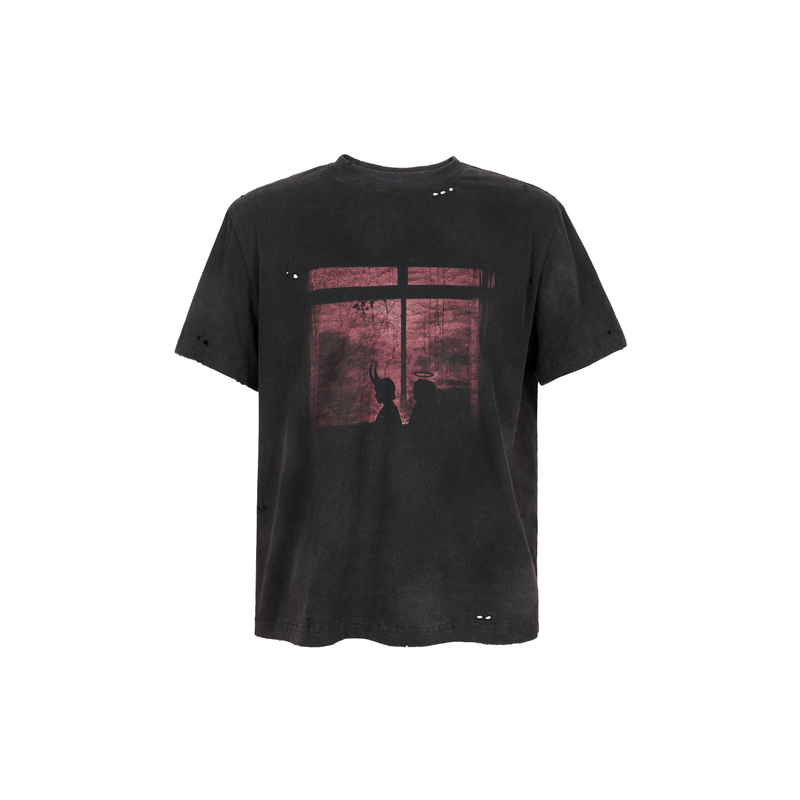 Underwater S1 Angel and Demon Handmade Washed Distressed Digital Print Pure Cotton Crew Neck T-Shirt