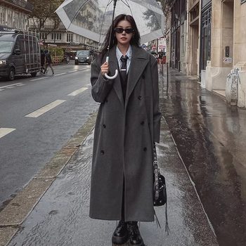 Women's high-end gray thickened woolen coat