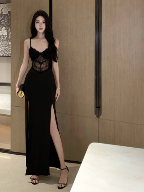 Black Retro Lace Splicing Slit Sexy Bodycon Dress Waist-Cinching Elegant Evening Dress Spaghetti Strap Long Dress for Women