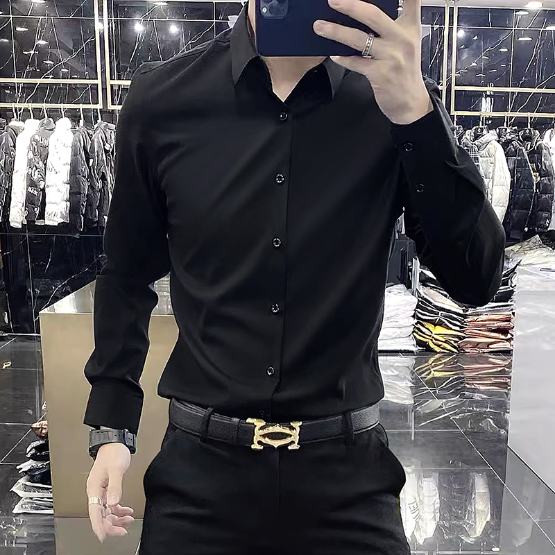 Yuppie High-End Non-Iron Casual Shirt for Men, Spring and Autumn Long-Sleeve Solid Color Business Formal Silky Drape Shirt for Men