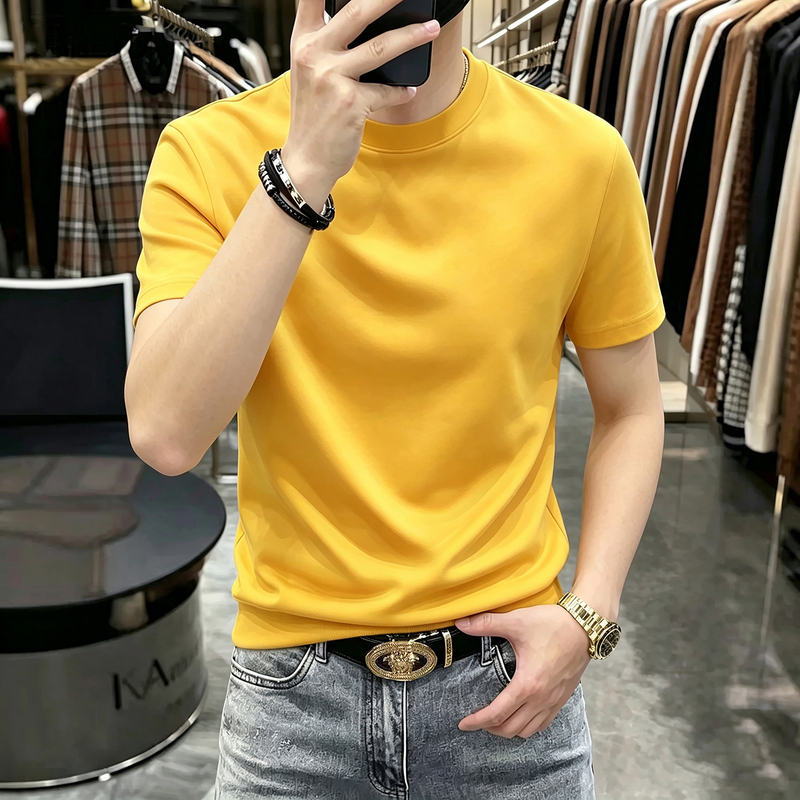 High-End Thick Yellow Comfortable Stretchy Short-Sleeve T-Shirt for Men 2026 Autumn and Winter Casual Round Neck Solid Color Base Shirt Warm