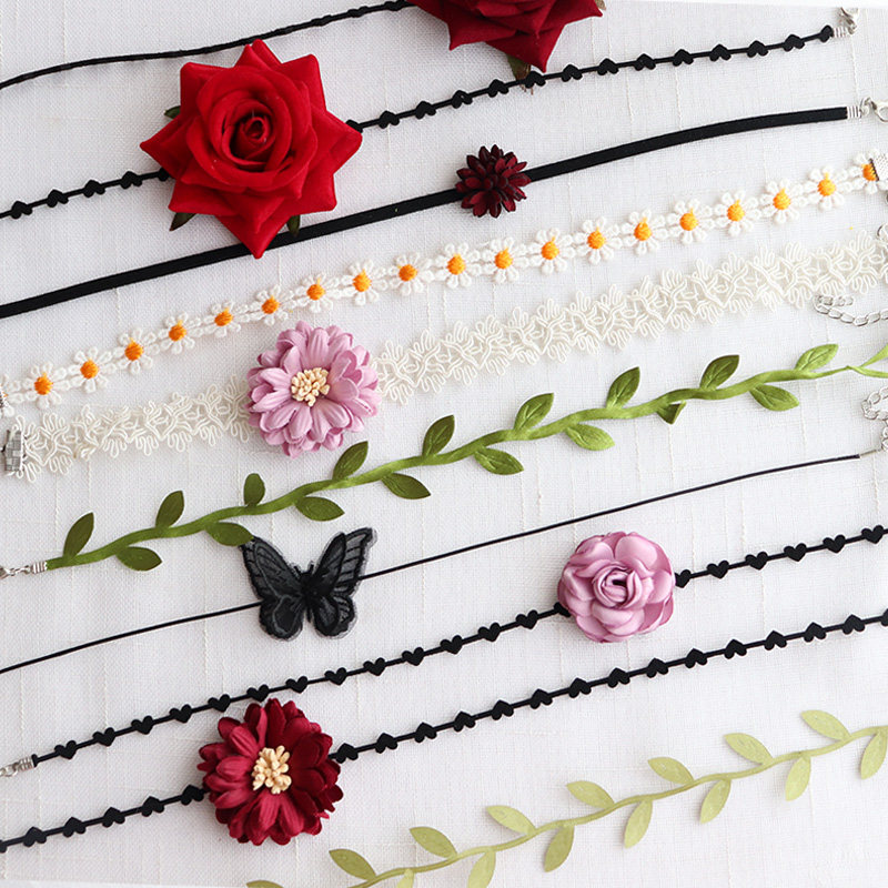 Neck strap choker Sen Department rose flower daisy necklace leaf clavicle chain female lace butterfly fresh collar