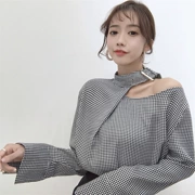Hồng Kông hương vị retro sang trọng mùa xuân phiên bản mới của Hàn Quốc của chiếc áo quây giảm béo houndstooth mỏng áo sơ mi nữ hoang dã