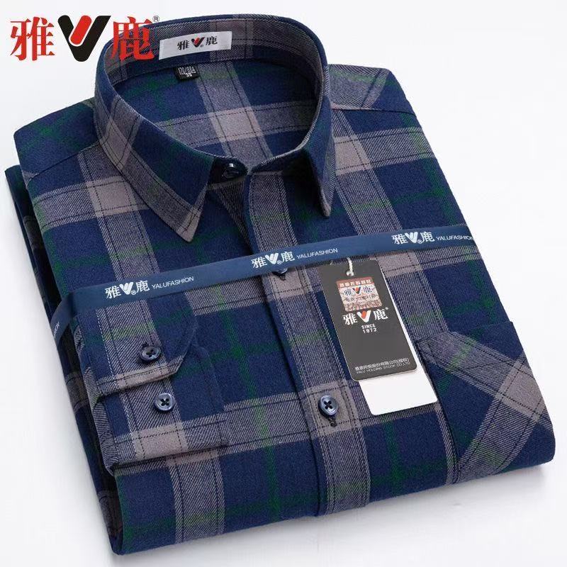 Yalu 100% Pure Cotton Men's Brushed Plaid Long-Sleeved Shirt, Loose High-End Casual Spring and Autumn Style All-Cotton Shirt for Men
