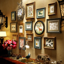 Solid wood decorative painting American photo wall European photo frame dining room hanging painting living room background wall painting wall clock combination painting