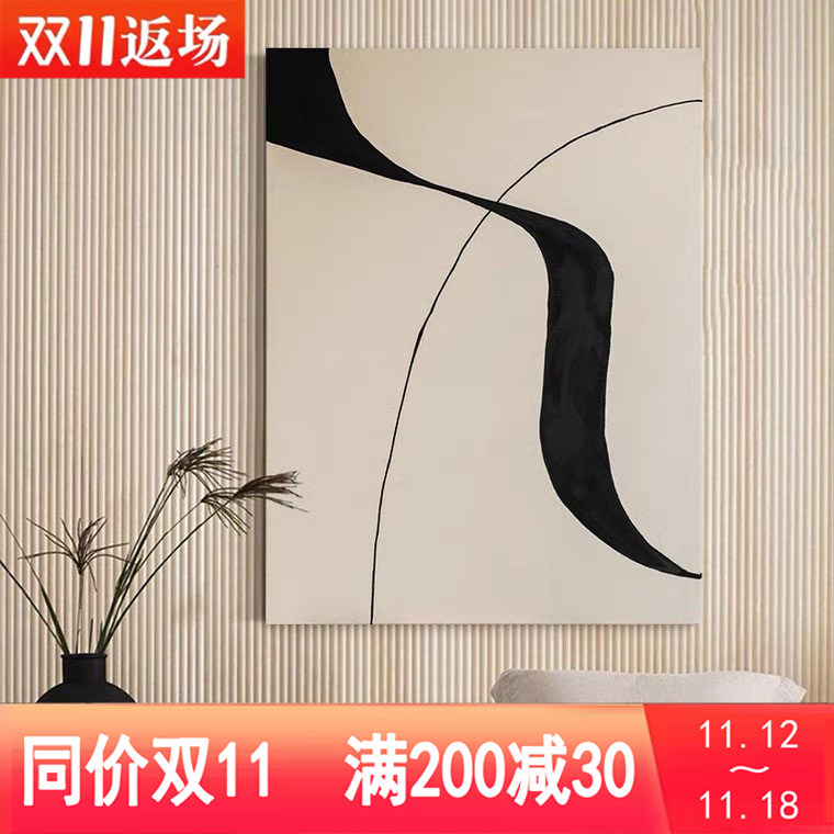 Hand-painted Japanese-style oil painting simple abstract living room sofa wabi sabi style porch restaurant minimalist black and white line decorative painting - Taobao