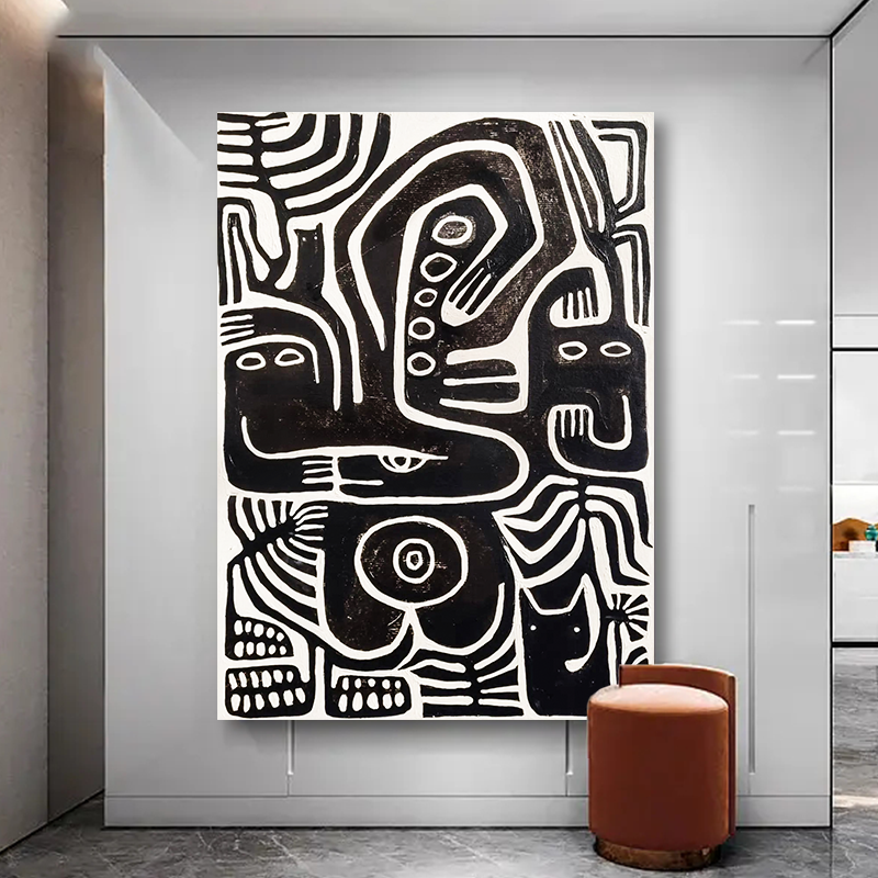 Pure hand-painted oil painting black and white abstract geometric lines porch decorative painting wabi-sabi texture simple living room hanging painting - Taobao