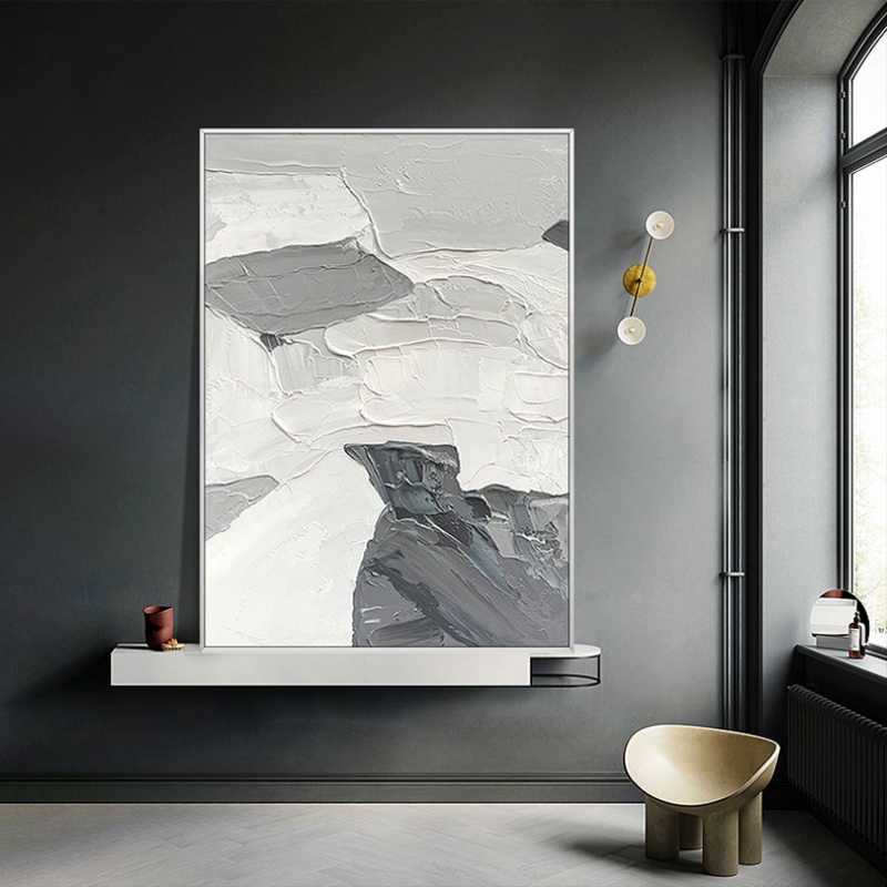 Pure hand-painted oil painting black and white gray abstract oil painting modern light luxury living room decoration painting Morandi wabi sabi porch hanging painting