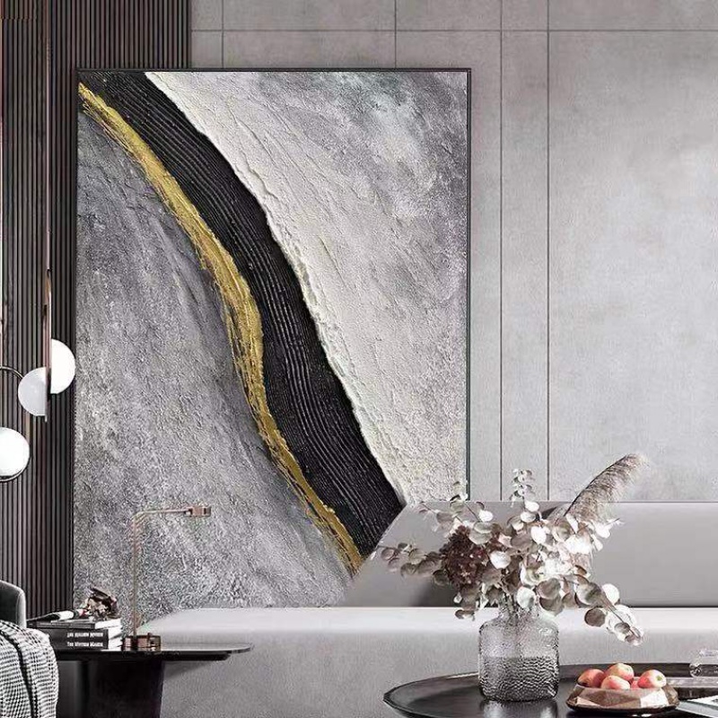 Hand-painted oil painting large landing Nordic light luxury porch black and white gray three-dimensional decorative painting modern minimalist abstract hanging painting