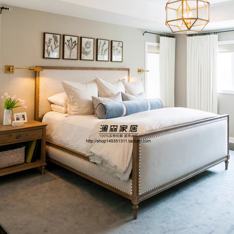 American-Style Solid Wood Bed, Double Bed, Modern Minimalist Master Bedroom Oak 1.8m Bed, French-Style 2m Large Bed with High Footboard, Wedding Bed