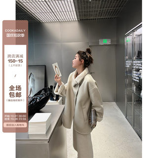 COOKADAILY_New York girl's textured imitation fur all-in-one jacket Korean style silhouette plush warm jacket