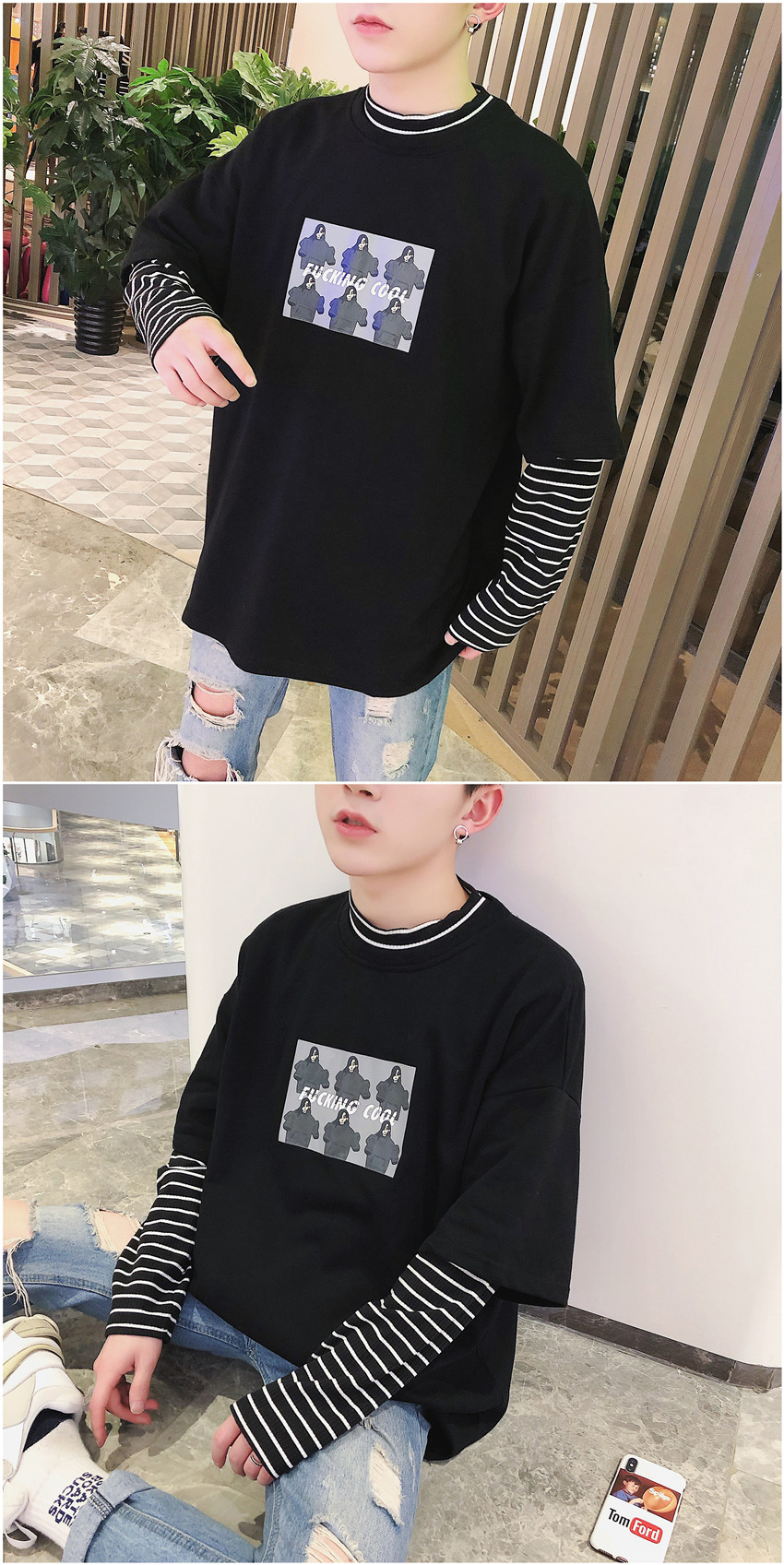 Mùa xuân và mùa hè ulzzang dài tay áo len nam khâu sọc cao cổ áo giả hai sinh viên lỏng Harajuku bf triều áo khoác áo khoác len nam