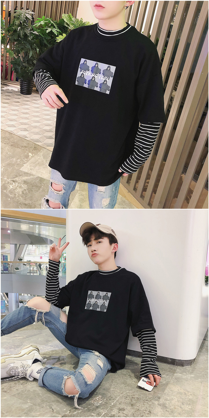 Mùa xuân và mùa hè ulzzang dài tay áo len nam khâu sọc cao cổ áo giả hai sinh viên lỏng Harajuku bf triều áo khoác áo khoác len nam
