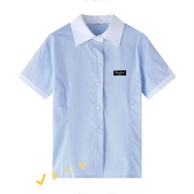 Jinan City Liexia District Junior High School Uniform Short-Sleeved Girls' Shirt Light Blue Striped Pure Cotton Turn-Down Collar Half-Sleeve Shirt
