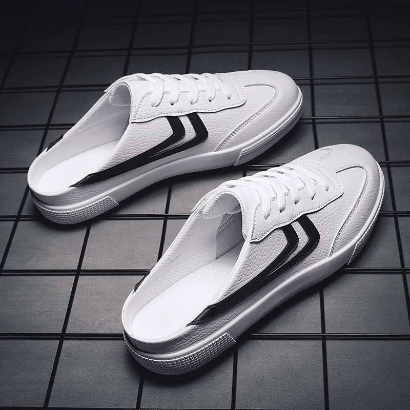 Half slippers trend men's shoes summer breathable leather one pedal lazy men's casual shoes half drag canvas small white shoes