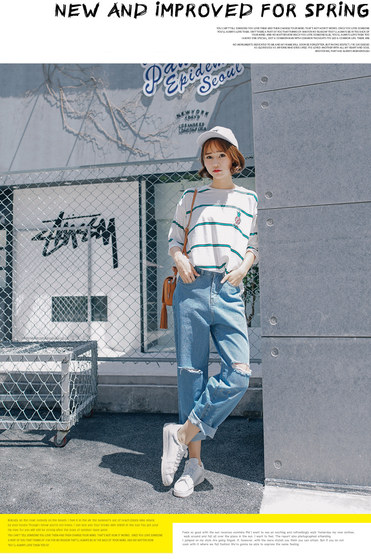 2018 mùa xuân và mùa thu mới của Hàn Quốc jeans nữ lỗ đầu gối lỗ bf lỏng 乞丐 kích thước lớn chất béo mm quần quần bò dài