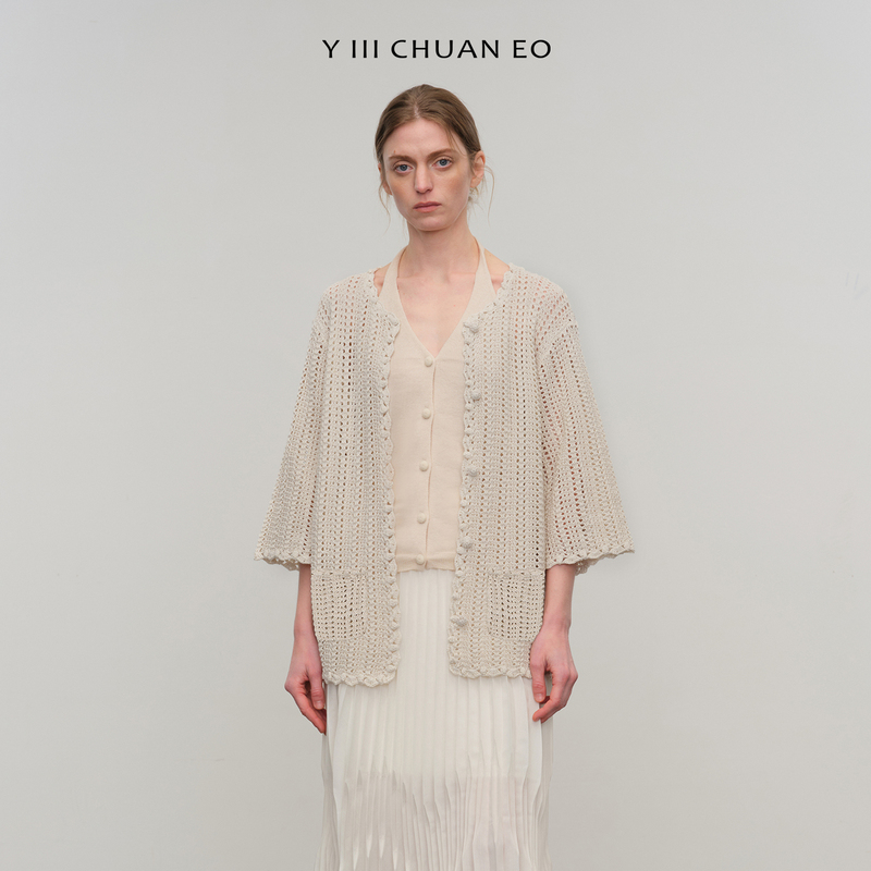 Y Iii Chuan Eo Yichuan Linen Breathable Crochet Cardigan Airy Hollow Knit Jacket