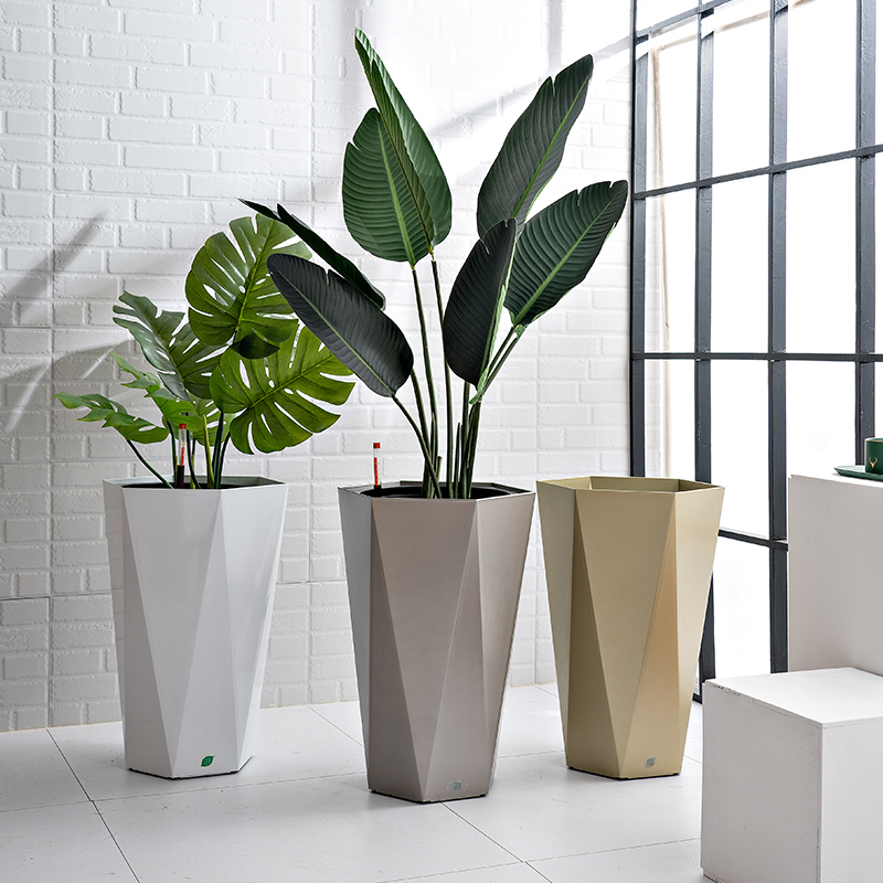 Automatic suction flower pot sloth high in Nordic minimalist geometric rhomboid plastic living room floor large light and luxurious flower pot
