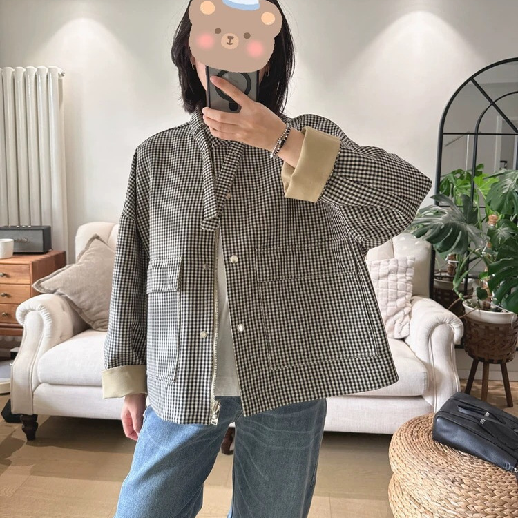 Ed Old Money Style ~ 25 Early Spring Cotton-Like Plaid Stand Collar Workwear Jacket Loose Reversible Windbreaker Jacket for Women