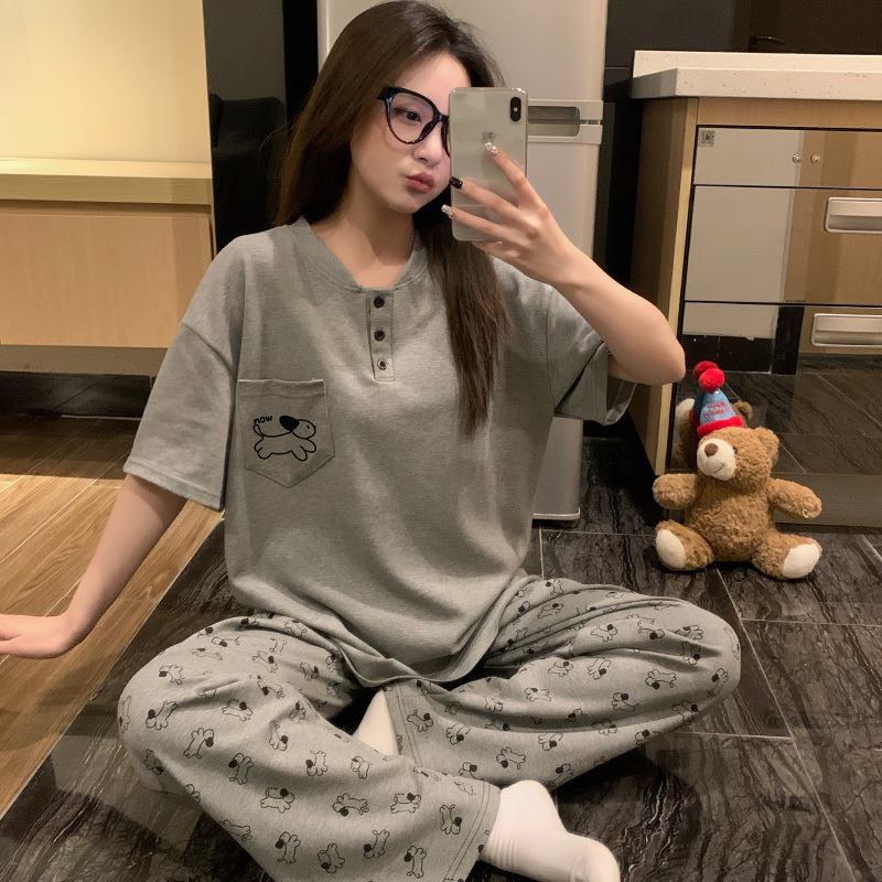 Pure Cotton Pajamas for Women, Summer Short-Sleeved Long Pants, Cute Dachshund Design, Student Spring and Autumn Loungewear Two-Piece Set for Wearing Outside