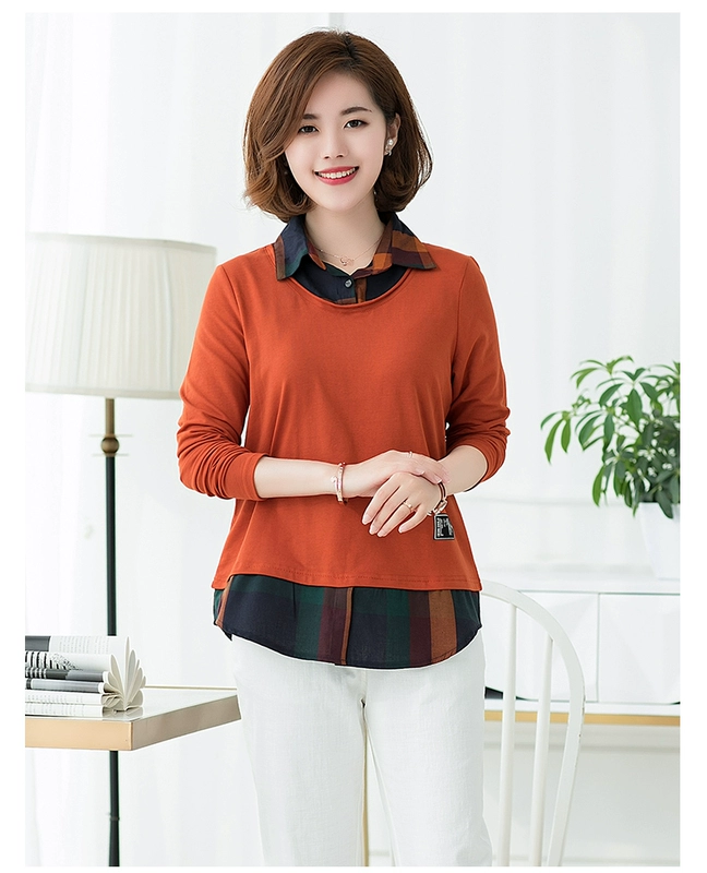 Áo sơ mi nữ trung niên và cổ điển 2018 mùa thu mới dành cho phụ nữ trung niên áo thun dài tay 40-50 tuổi mặc ngoài bằng cotton