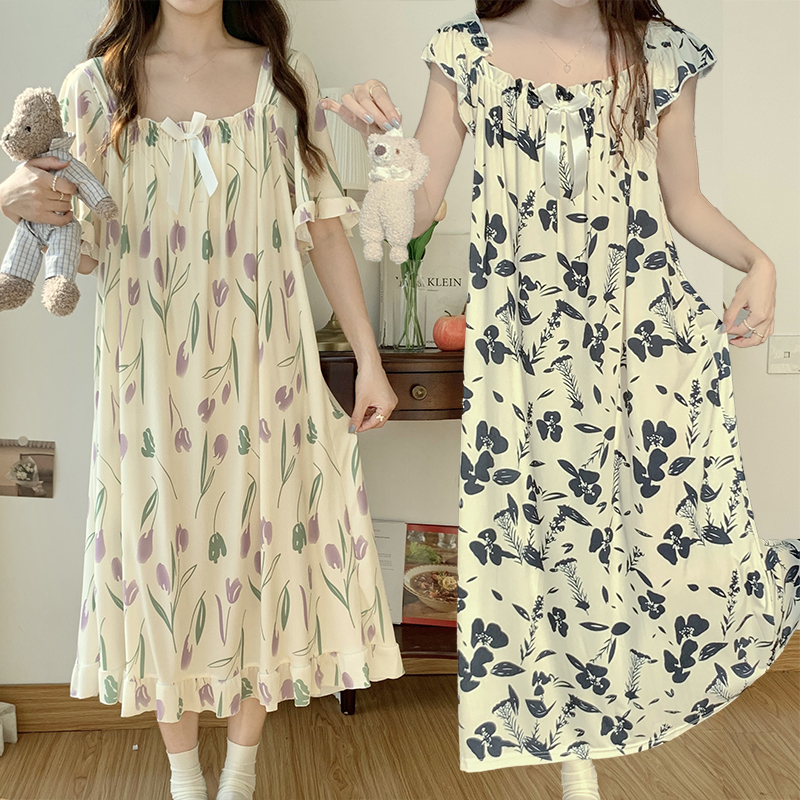 New Ice Silk Short-Sleeved Nightgown for Women in Summer, Loose and Slimming, Extra Large Size 150kg Dress 100kg Maternity Pajamas New Ice Silk Short-Sleeved Nightgown for Women in Summer, Loose and Slimming, Extra Large Size 150kg Dress 100kg Maternity Pajamas