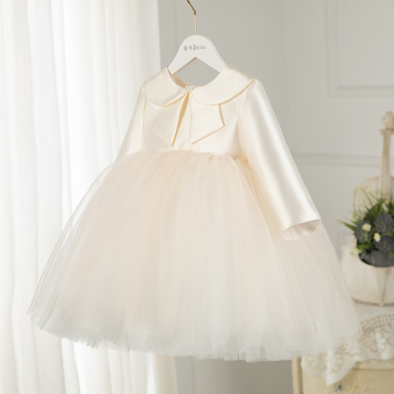 Year Old Female Baby Dress Princess Dress Champagne Satin Baby Little Wedding Dress Custom High-end Foreign Pie 1-2